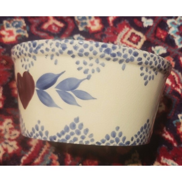 Vintage Bowl w Blue Sponge Glaze & Red Heart / Heavy Stoneware 8.25"D x 4"H 80s - Picture 6 of 12